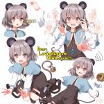  2girls @_@ absurdres animal_ears basket black_dress blue_capelet blush capelet coin coin_on_string commentary commission commissioner_name dress english_commentary english_text flying_sweatdrops grey_hair highres holding holding_with_tail hypnosis jewelry long_sleeves lying mind_control mouse_(animal) mouse_ears mouse_girl mouse_tail multiple_girls multiple_views nazrin necklace on_back open_mouth pendant prehensile_tail red_eyes ruu_(tksymkw) second-party_source shirt simple_background skeb_commission squiggle tail tearing_up toramaru_shou touhou white_background white_shirt 