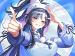  1girl :d absurdres animal_hat black_hair blue_eyes blue_hair blue_shrug braid braided_sidelocks breasts cat_hat collared_shirt colored_inner_hair commentary curtained_hair english_commentary grin hat heart heart_necklace high_ponytail highres hololive hololive_english jewelry large_breasts long_sleeves looking_at_viewer multicolored_hair mypace0079 necklace official_alternate_costume official_alternate_hairstyle ouro_kronii pointing pointing_at_viewer ponytail shirt short_ponytail shrug_(clothing) sidelocks smile solo virtual_youtuber way_2_u_(ouro_kronii) white_hat white_shirt 