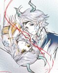  1boy 1girl anzhuodehaizicansibainiaolewuwuwu aqua_horns armlet black_headband blue_eyes blue_scales blue_tunic braid braided_hair_rings brother_and_sister chinese_commentary circlet closed_mouth collared_shirt commentary_request cropped_torso dragon_boy dragon_girl dragon_horns dress expressionless eyelashes gold_armlet grey_background grey_hair hair_rings hair_tubes headband high_collar highres horns infinity_nikki jewelry long_hair looking_at_another medael_(infinity_nikki) meghill_(infinity_nikki) nikki_(series) parksolian_(infinity_nikki) pointy_ears rotational_symmetry shirt short_hair siblings sleeveless sleeveless_dress slit_pupils string string_of_fate tunic upper_body very_long_hair white_dress white_shirt yellow_eyes 