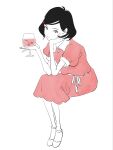  1girl black_hair bob_cut bow cherry cup dress drink drinking_glass food fruit full_body hair_ornament highres holding holding_cup invisible_chair kurokami_no_otome limited_palette lineart looking_at_viewer needbee_r partially_colored pink_liquid red_dress short_hair short_sleeves side_swept_bangs simple_background sitting sketch smile solo white_background white_bow wine_glass yoru_wa_mijikashi_arukeyo_otome 