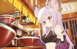  1girl animal_ears barcode bare_shoulders biohazard_symbol black_nails blue_archive blush bottle bowl breasts chopsticks cleavage collarbone crop_top ear_tag food game_asset grin hair_between_eyes halo highres holding holding_bottle holding_chopsticks indoors jacket jewelry kokosando long_hair long_sleeves looking_down midriff mouse_(animal) mouse_ears mouse_girl nail_polish navel nezusuke_(blue_archive) non-web_source noodles off_shoulder official_art purple_jacket ramen red_eyes restaurant ring saya_(blue_archive) saya_(casual)_(blue_archive) see-through_cleavage see-through_clothes shelf short_eyebrows small_breasts smile solo upper_body very_long_hair white_hair white_halo 