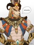 1boy abs artist_name dated english_commentary english_text furry furry_male genshin_impact goat_boy goat_horns hands_on_own_hips heryshaf_(genshin_impact) highres horns male_focus muscular muscular_male pectorals shadderals speech_bubble white_background 