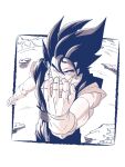  1boy blue_dougi cloud commentary_request dougi dragon_ball dragon_ball_z earrings full_body gloves hand_up highres jewelry kenran_dokkan limited_palette male_focus medium_hair orange_shirt pants parted_lips potara_earrings shirt smirk solo spiked_hair teeth toriyama_akira_(style) upper_body vegetto white_gloves 
