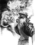  1boy absurdres chain gakuran hat highres jojo_no_kimyou_na_bouken kujo_jotaro long_coat male_focus monochrome oraora_11 school_uniform solo stand_(jojo) star_platinum stardust_crusaders 