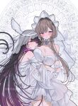  2girls absurdres arm_around_another's_waist bare_shoulders black_hair blue_eyes blush bonnet breast_rest breasts bridal_veil bride brown_hair cleavage closed_mouth columbina_(genshin_impact) commentary_request detached_collar detached_sleeves dress flower genshin_impact gloves head_wings highres jewelry large_breasts lily_(flower) long_hair long_sidelocks looking_at_viewer mouth_hold multicolored_hair multiple_girls purple_eyes purple_hair ribbon ribbon_in_mouth ring sandrone_(genshin_impact) short_hair_with_long_locks sidelocks smile strapless strapless_dress streaked_hair takeno_omoti two-tone_hair veil very_long_hair wedding_dress wedding_ring white_dress white_flower white_gloves white_headdress white_wings wife_and_wife wings yuri 