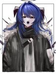  1girl arknights black_border black_eyes black_jacket black_scarf blue_hair blue_tongue border colored_tongue fur-trimmed_hood fur_trim ha_(huton_in_mach) hair_between_eyes hair_intakes halo highres hood horns jacket long_hair looking_at_viewer mostima_(arknights) open_clothes open_jacket open_mouth scarf shirt simple_background solo teeth upper_body white_background white_shirt 