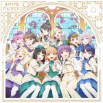  6+girls :d ;d ^_^ absurdres album_cover anyoji_hime aqua_eyes arms_up ascot black_hair black_hat blonde_hair blue_ascot blue_eyes blue_hair blue_hat blue_vest blunt_bangs blunt_ends bob_cut brown_hair buttons ceras_yanagida_lilienfeld closed_eyes closed_mouth colored_inner_hair commentary cover cropped_jacket crossed_bangs double-breasted elbow_gloves everyone frilled_skirt frills fujishima_megumi gloves green_ascot green_eyes green_hat green_skirt green_vest grey_hair hair_ornament hana_sakeba_yume_kakeru hat highres hinoshita_kaho holding_hands jacket kachimachi_kosuzu katsuragi_izumi layered_skirt long_hair looking_at_viewer love_live! love_live!_hasu_no_sora_jogakuin_school_idol_club love_live!_hasu_no_sora_jogakuin_school_idol_club_bloom_garden_party medium_hair mini_hat mini_top_hat momose_ginko multicolored_hair multiple_girls murano_sayaka official_art one_eye_closed open_clothes open_hand open_jacket open_mouth orange_eyes orange_hair osawa_rurino otomune_kozue pants pantyhose pink_eyes pink_gloves purple_ascot purple_eyes purple_hair purple_hat purple_skirt purple_vest red_hair red_streaks second-party_source short_hair side_ponytail sidelocks sitting skirt smile song_name split_mouth star_(symbol) star_hair_ornament streaked_hair tilted_headwear top_hat vest virtual_youtuber white_gloves white_jacket white_pants white_pantyhose white_skirt yugiri_tsuzuri 