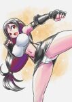  1girl armpits black_gloves black_hair black_skirt breasts cameltoe clenched_hands commentary_request covered_nipples dot_nose elbow_gloves elbow_pads feet_out_of_frame final_fantasy final_fantasy_vii fingerless_gloves gloves hair_tie hands_up high_kick hiro68 kicking large_breasts long_hair low-tied_long_hair midriff miniskirt navel open_mouth panties pantyshot red_eyes single_elbow_pad skirt solo suspender_skirt suspenders tank_top tifa_lockhart underwear v-shaped_eyebrows very_long_hair white_panties white_tank_top 