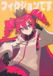  1girl black_gloves bright_pupils cape closed_mouth crown drawstring drill_hair egh_(ssquan) fiction_desu_(synthesizer_v) gloves hair_between_eyes hair_ornament hair_tie hairclip highres jacket kasane_teto pointing pointing_up red_cape red_eyes red_hair red_shorts shorts smile synthesizer_v thick_eyelashes twin_drills utau white_jacket yellow_background 