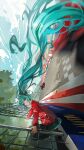  1girl absurdly_long_hair absurdres aqua_eyes aqua_hair aqua_trim black_boots black_skirt boots car cloud cloudy_sky day english_commentary full_body hair_ornament happyongdal hatsune_miku highres jacket long_hair motion_blur motor_vehicle outdoors pleated_skirt race_vehicle racecar racetrack red_jacket sideways skirt sky thigh_boots tree twintails very_long_hair vocaloid 