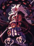  1boy arm_markings black_cape black_nails body_markings cape chest_markings commentary dark-skinned_male dark_skin extra_eyes hair_over_one_eye haki_(one_piece) highres holding holding_weapon horns karpovakseni long_hair male_focus nerona_imu one_piece red_eyes solo tail twitter_username weapon white_hair 