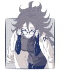  1girl android_21 black_pantyhose breasts checkered_clothes checkered_dress coat commentary_request cowboy_shot dragon_ball dragon_ball_fighterz dress glasses greyscale highres holding holding_removed_eyewear kenran_dokkan lab_coat long_hair medium_breasts monochrome pantyhose red_dress short_dress simple_background smile solo toriyama_akira_(style) two-tone_dress unworn_eyewear white_coat 