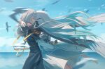  2girls absurdres arms_around_neck bird black_jacket blue_sky bu_bai_(wres2744) closed_eyes commentary_request dress firefly_(honkai:_star_rail) floating_clothes floating_hair from_side grey_hair highres honkai:_star_rail honkai_(series) hug jacket long_hair multiple_girls ocean outdoors profile sky stelle_(honkai:_star_rail) trailblazer_(honkai:_star_rail) white_bird yuri 