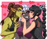 3girls baldur's_gate baldur's_gate_3 bikini bikini_top_only black_bra black_eyeshadow black_hair blue_eyes blush bra braid braided_ponytail breasts brown_hair circlet cleavage_cutout clenched_teeth clothing_cutout colored_sclera colored_skin commission dark_elf dungeons_&amp;_dragons elf eyeshadow facial_hair girl_sandwich gith_(d&amp;d) green_skin grey_sclera grey_skin hair_bun hair_intakes heart heterochromia high_ponytail highres lae'zel large_breasts makeup medium_breasts mismatched_sclera multicolored_hair multiple_girls otagothic pointy_ears ponytail purple_bikini red_lips sandwiched scar scar_on_face scar_on_nose shadowheart_(baldur's_gate) single_braid single_hair_bun smile spotted_skin swimsuit tav_(baldur's_gate) teeth two-tone_hair underwear white_eyes white_hair yuri 
