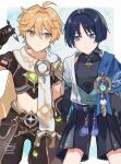  2boys abstract_background aether_(genshin_impact) ahoge arm_armor arm_up armor artist_name baggy_pants belt black_belt black_bow black_bridal_gauntlets black_hakama black_shorts black_tank_top blonde_hair blue_background blue_cape blue_gem blue_hair blue_pupils blunt_ends border bow bridal_gauntlets brown_belt brown_gloves brown_pants brown_shirt calligraphy_brush cape closed_mouth collarbone commentary_request covered_collarbone earrings feet_out_of_frame gem genshin_impact gloves gold_necklace hair_between_eyes hakama hakama_shorts highres holding holding_calligraphy_brush holding_hands holding_paintbrush japanese_clothes jewelry long_hair looking_at_another male_focus mandarin_collar midriff missing_headwear multiple_boys navel necklace open_clothes open_shirt orange_eyes outside_border paintbrush pants parted_bangs pom_pom_(clothes) purple_eyes rope rwugaeumn scaramouche_(genshin_impact) scarf shirt short_hair short_sleeves shorts shoulder_armor single_earring sitting smile star_(symbol) tank_top tassel vision_(genshin_impact) wanderer_(genshin_impact) white_border white_scarf white_shirt yaoi 