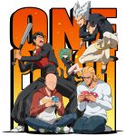  1girl 4boys absurdres artist_name bald baseball_bat black_dress black_hair black_jacket blonde_hair blue_eyes blue_pants crossed_arms curly_hair dress floating garou_(one-punch_man) green_eyes green_hair green_shoes grey_hair hair_horns hair_slicked_back hakama hakama_pants highres holding holding_baseball_bat hood hoodie indian_style jacket japanese_clothes king_(one-punch_man) kinzoku_bat multiple_boys one-punch_man oppai_hoodie otagothic pants playing_games playing_video_games raglan_sleeves raised_eyebrow saitama_(one-punch_man) scar scar_across_eye scar_on_face seiza shoes sitting tatsumaki watermark 