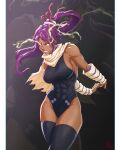 1girl absurdres black_leotard bleach breasts dark-skinned_female dark_skin electricity electrokinesis highres large_breasts leotard parted_bangs ponytail princechibi purple_hair shihouin_yoruichi solo toned toned_female yellow_eyes 