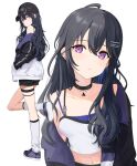  1girl absurdres ahoge bare_shoulders baseball_cap black_hair black_hat black_jacket black_shorts blue_hair blue_shoes bra camisole closed_mouth collarbone commentary_request denim denim_shorts fmg from_behind full_body hat highres ichinose_uruha ichinose_uruha_(4th_costume) jacket leg_warmers long_hair looking_at_viewer midriff multiple_views navel off_shoulder open_clothes open_jacket purple_bra purple_eyes shoes shorts simple_background sneakers standing standing_on_one_leg thigh_strap underwear upper_body virtual_youtuber vspo! white_background white_camisole white_leg_warmers 