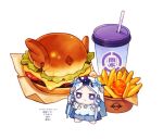  1girl burger chibi commentary cup disposable_coffee_cup disposable_cup elden_ring elden_ring_nightreign flower_wreath food french_fries full_body head_wreath helmet jitome libra_(elden_ring) okaka516 revenant_(elden_ring) solo untranslatable_commentary veil white_background white_veil winged_helmet wylder_(elden_ring) 