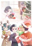  1girl 2boys :d absurdres aged_down alternate_costume amethio_(pokemon) bell black_gloves black_hair bright_pupils brown_mittens charcadet christmas_tree closed_eyes collared_shirt commentary_request eyelashes gloves green_hair hairband hat highres holding holding_pokemon mikan_bako mittens multicolored_hair multiple_boys multiple_views onia_(pokemon) open_mouth pokemon pokemon_(anime) pokemon_(creature) pokemon_horizons purple_eyes santa_costume santa_hat shirt short_hair smile symbol-shaped_pupils teeth tinsel triangle-shaped_pupils two-tone_hair upper_teeth_only watermark white_pupils zirc_(pokemon) 