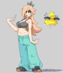  1girl aqua_pants baggy_pants black_tank_top blonde_hair blue_pants breasts commentary contemporary crop_top crown dimpindot earrings english_commentary fanning_self full_body grey_background grimace hot jewelry long_hair luma_(mario) mario_(series) midriff navel pants rosalina round_eyewear silver_crown simple_background solo star_(symbol) star_earrings sunglasses super_mario_galaxy sweat tank_top 