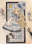  1girl absurdres arm_up art_tools_in_frame balloon blonde_hair blue_dress blue_flower capelet commentary_request dress flower frilled_headband gonzalez_(machita_chima) grey_shoes heart_balloon highres llatteowo looking_at_viewer machita_chima machita_chima_(lolita_maid) nijisanji open_mouth paintbrush painting_(medium) shoes socks solo traditional_media virtual_youtuber watercolor_(medium) wavy_hair white_socks yellow_eyes 