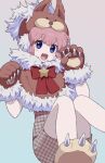  1girl animal_hands animal_hat animal_kirby blue_eyes bow bowtie brown_capelet brown_hat brown_romper capelet commentary_request copy_ability fang foot_out_of_frame fur-trimmed_capelet fur-trimmed_gloves fur_trim gingham_clothes gloves grey_background hands_up hat kanafumi_(spindle) kirby kirby_(series) knees_up looking_at_viewer open_mouth paw_gloves paw_shoes personification pink_hair red_bow red_bowtie romper short_hair simple_background skin_fang smile solo star_(symbol) 