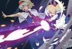  2girls alice_margatroid apron blonde_hair blue_dress blue_eyes book bow capelet commentary dress firing frilled_hairband frills grimoire grimoire_of_alice hair_bow hairband highres laser multiple_girls open_mouth red_bow red_hairband red_sash sash shanghai_doll touhou touhou_lost_branch_of_legend tuck_(tuck23978434) waist_apron waist_sash white_apron white_capelet yellow_eyes 