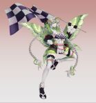  1girl abdomen_tail absurdres antennae arthropod_girl black_sclera blame_4407 braid breasts checkered_bikini_top checkered_clothes checkered_flag cleavage colored_sclera colored_skin commentary english_commentary extra_arms flag full_body green_eyes green_hair green_shrug hair_between_eyes highres indie_virtual_youtuber insect_wings juniper_actias juniper_actias_(racing_queen) large_breasts looking_at_viewer midriff monster_girl moth_antennae moth_girl moth_wings race_queen shrug_(clothing) simple_background skirt solo thighhighs thighs twin_braids virtual_youtuber white_hair white_skin white_thighhighs wings 