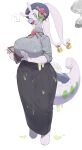  1girl ? absurdres antennae bell beret blue_hat book breasts clothed_pokemon colored_skin commentary_request dragon_girl fu_li_jiang full_body furry furry_female glasses goodra green_eyes grey_sweater hair_bell hair_ornament hat highres holding holding_book huge_breasts long_skirt long_sleeves looking_at_viewer open_mouth partial_humanization pokemon pokemon_(creature) pokemon_focus purple_skin ribbed_sweater skirt slug_girl smile solo spoken_question_mark sweater tail turtleneck turtleneck_sweater wet wet_clothes 