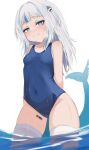  1girl @_@ absurdres arms_behind_back barcode barcode_tattoo blue_eyes blue_hair blue_one-piece_swimsuit blush commentary covered_navel english_commentary fang fins fish_tail gawr_gura hair_ornament highres hololive hololive_english light_smile long_hair lucien_000298 multicolored_hair one-piece_swimsuit partially_submerged school_swimsuit shark_girl shark_hair_ornament shark_tail skin_fang skindentation solo stitched_tail streaked_hair swimsuit tail tattoo thighhighs virtual_youtuber wading water wet white_hair white_thighhighs 