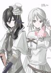  2girls au_ra axolotl black_hair brown_eyes capelet chihuri closed_mouth commentary_request dragon_horns final_fantasy final_fantasy_xiv flower gloves grey_hair half_gloves hand_up hat hat_flower highres horns long_hair long_sleeves mini_hat mini_top_hat multiple_girls parted_lips pleated_skirt rose shirt signature simple_background skirt smile tilted_headwear top_hat warrior_of_light_(ff14) watermark white_background white_capelet white_flower white_gloves white_hat white_rose white_shirt white_skirt 