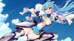  1girl :o aqua_hair arch_kalmia armor armored_boots blue_hair blue_sky boots breasts cape cleavage clenched_hand cloud covered_navel day floating_hair flying_kick fuyunagi_tsubasa game_asset gloves hair_ornament hairclip high_heels kicking large_breasts long_hair magical_girl mecha_musume non-web_source official_art open_mouth outdoors panties pantyshot ponytail purple_eyes satou_takumi self-datamine shinsou_kenki_arch_saver sky solo thigh_boots thighhighs underwear v-shaped_eyebrows visual_novel_cg white_gloves white_panties 