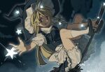  1girl apron black_hat black_skirt black_vest blonde_hair bloomers blue_background braid broom broom_riding commentary dutch_angle full_body hat highres kirisame_marisa long_hair outstretched_arm puffy_short_sleeves puffy_sleeves shirt short_sleeves sideways_glance single_braid skirt smile socks solo star_(symbol) touhou touhou_lost_branch_of_legend tuck_(tuck23978434) vest waist_apron white_apron white_bloomers white_shirt white_socks witch_hat 