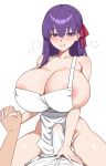  1boy 1girl alternate_breast_size_(larger) apron bare_shoulders blush bow breasts buttons collarbone commentary covered_nipples covered_penis cowgirl_position english_commentary evil_rat fate/stay_night fate_(series) girl_on_top hair_between_eyes hair_bow heart heart-shaped_pupils hetero highres holding_hands huge_breasts huge_penis imminent_penetration long_hair looking_at_viewer matou_sakura penis pink_bow pink_lips pink_pupils pov purple_eyes purple_hair shirt simple_background single_sidelock sitting sitting_on_person smile solo_focus steam straddling symbol-shaped_pupils teeth white_apron white_background white_shirt 