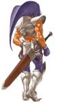 1boy armor armored_boots blue_eyes blue_gloves blue_hair blue_pants boots boxing_gloves crop_top eye_mask from_behind full_body gloves hair_slicked_back hand_on_own_hip king_lion kizuna_encounter lion long_hair male_focus mask mohawk muscular muscular_male neo_geo_battle_coliseum official_art ogura_eisuke pants scabbard sheath shoulder_armor sleeveless snk solo standing strap sword toned weapon white_background 