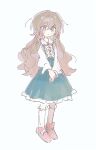  1girl 1myeong blue_skirt bow brooch brown_hair buttons center_frills collared_shirt commentary_request footwear_bow frilled_skirt frilled_socks frills full_body goldia_die_heilige hair_between_eyes hair_bow jewelry korean_commentary long_hair long_sleeves multiple_hair_bows pink_bow pink_shoes pocket_mirror purple_eyes shirt shoes simple_background skirt socks solo suspender_skirt suspenders sweatdrop white_background white_shirt white_socks 