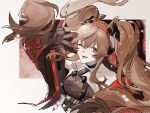  1girl angelina_(arknights) angelina_(distinguished_visitor)_(arknights) animal_ears arknights bare_shoulders black_choker black_gloves black_leotard brown_hair chinese_commentary choker coat commentary_request cropped_torso fox_ears fox_girl gloves hair_between_eyes hairband headgear highres la_de_xiang_shuijiao leotard long_hair long_sleeves looking_at_viewer lower_teeth_only multicolored_hairband off_shoulder official_alternate_costume one_eye_closed open_clothes open_coat red_coat red_eyes red_hairband smile solo strapless strapless_leotard striped_clothes striped_hairband teeth twintails two-tone_hairband upper_body v very_long_hair 