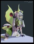  1girl abdomen_tail absurdres antennae arthropod_girl black_sclera blame_4407 braid breasts checkered_clothes closed_mouth colored_sclera colored_skin extra_arms green_background green_eyes green_hair green_shrug green_wings highres indie_virtual_youtuber insect_wings juniper_actias juniper_actias_(racing_queen) looking_at_viewer monster_girl moth_antennae moth_girl moth_wings multicolored_hair race_queen shrug_(clothing) sitting skirt solo thighhighs twin_braids virtual_youtuber white_hair white_skin wings 
