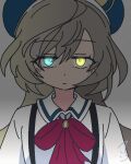  1girl arms_at_sides artist_name assault_lily beret blue_eyes blue_hair bow bowtie closed_mouth collared_shirt commentary_request cosplay esaka_shizuku esaka_shizuku_(cosplay) glowing glowing_eyes gradient_background grey_background grey_hair hair_between_eyes hat herensuge_girls_academy_school_uniform heterochromia long_hair long_sleeves red_bow red_bowtie sasaki_ran school_uniform shade shirt signature solo suspenders unknown_(unknown_ver3) upper_body white_shirt yellow_eyes 