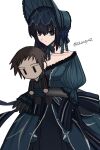  1girl black_capelet black_dress black_eyes black_hair bonnet capelet commentary_request dress fur-trimmed_capelet fur_hat fur_trim green_bonnet hat highres juliet_sleeves kuonji_alice long_sleeves mahou_tsukai_no_yoru puffy_sleeves shintyoi2 shizuki_soujuurou stuffed_toy toy 