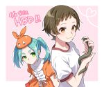  2girls absurdres animal aqua_hair brown_eyes brown_hair character_name commentary_request dress green_eyes gym_shirt happy_birthday hat heart highres holding holding_animal holding_snake looking_at_viewer manimani_(mani_ma) monogatari_(series) multiple_girls ononoki_yotsugi orange_dress orange_hat sengoku_nadeko shirt short_hair short_sleeves smile snake thick_eyebrows twintails white_shirt 