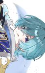  1boy :q aqua_hair armor artist_name blue_shirt blush chromatic_aberration closed_mouth collared_shirt commentary crossed_bangs dagger earrings english_commentary genshin_impact glint gold_trim hair_between_eyes hand_up highres holding holding_dagger holding_knife holding_weapon jewelry knife licking_lips lohen_(genshin_impact) looking_at_viewer looking_to_the_side male_focus mole mole_under_eye multicolored_eyes pauldrons purple_eyes raised_eyebrows shirt short_hair shoulder_armor sideways single_earring single_pauldron smile solo susukeya tongue tongue_out twitter_username upper_body weapon wing_collar 