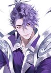  1boy absurdres aegyo_sal armor check_copyright chinese_hairpin closed_mouth copyright_request earrings hair_between_eyes hair_ornament hair_stick highres jacket jewelry looking_at_viewer male_focus original parted_bangs pauldrons popped_collar purple_eyes purple_hair purple_jacket short_hair shoulder_armor signature simple_background single_earring smile solo toscana20460423 white_background xiao_guan_(headdress) 