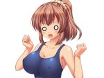  0_0 1girl aomi_riru blue_one-piece_swimsuit blush breasts brown_hair cleavage clenched_hands collarbone covered_nipples game_asset hair_between_eyes hair_ornament hair_scrunchie hands_up large_breasts large_variant_set non-web_source official_art one-piece_swimsuit open_mouth ponytail school_swimsuit scrunchie self-datamine sidelocks simple_background solo standing swimsuit tachi-e tan toriumi_hinata transparent_background upper_body variant_set wince yumemi_ga_cheek! 
