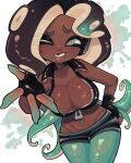  1girl absurdres black_gloves breasts cleavage commentary dark-skinned_female dark_skin english_commentary fingerless_gloves gloves green_eyes hand_on_own_hip highres large_breasts long_hair looking_at_viewer marina_(splatoon) mole mole_on_breast mole_under_mouth navel_piercing offering_hand one_eye_closed pantyhose piercing saline2pc solo splatoon_(series) splatoon_2 squid_girl tentacle_hair 