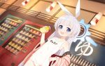  1girl blue_archive blue_eyes blue_halo blunt_bangs bottle bow bow_hairband cherino_(blue_archive) cherino_(hot_spring)_(blue_archive) collarbone cowboy_shot dutch_angle game_asset hair_bow hairband halo hanten_(clothes) highres holding holding_bottle indoors kokosando long_hair looking_at_viewer milk_bottle milk_mustache non-web_source off_shoulder official_art old_school_swimsuit one-piece_swimsuit open_mouth school_swimsuit smile swimsuit vending_machine white_bow white_hair white_hairband white_one-piece_swimsuit 