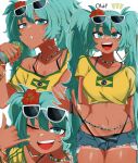  1girl absurdres aqua_eyes aqua_hair bead_necklace beads belly_chain bikini bikini_under_clothes black_bikini brazilian_flag brazilian_flag_print brazilian_miku breasts can commentary_request cropped_shirt earrings eyewear_on_head flag_print flower hair_flower hair_ornament hatsune_miku highres holding holding_can hoop_earrings jewelry long_hair midriff multiple_views navel necklace one_eye_closed open_mouth red_flower shirt short_shorts short_sleeves shorts smile stomach sunglasses swimsuit tan tanlines twintails very_long_hair vocaloid white-framed_eyewear white_background yellow_shirt yuindesu 