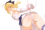  1girl absurdres ahoge artoria_pendragon_(fate) ass back_cutout bdsm blonde_hair blue_eyes blue_hairband blush bondage bound breasts cameltoe clothing_cutout commentary dress elbow_gloves english_commentary fate/stay_night fate/unlimited_blade_works fate_(series) from_behind gloves hairband highres medium_breasts miaosu one_eye_closed panties perversion_of_canon saber_(fate) skindentation solo string thighhighs underwear wedding_dress white_background white_gloves white_panties 