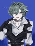  1boy ahoge belt belt_collar black_belt black_gloves blue_background blush buttons choker collar collarbone collared_shirt commentary_request earrings fingerless_gloves genshin_impact gloves green_hair hair_between_eyes hair_intakes hand_up highres jewelry lapels light_blush lohen_(genshin_impact) lohen_(standardized_test)_(genshin_impact) looking_at_viewer male_focus mole mole_under_eye multicolored_eyes official_alternate_costume open_collar parted_lips pinstripe_pattern pinstripe_vest shirt short_hair single_earring solo syoooo_uu teeth twitter_username upper_body upper_teeth_only vest waistcoat white_shirt 